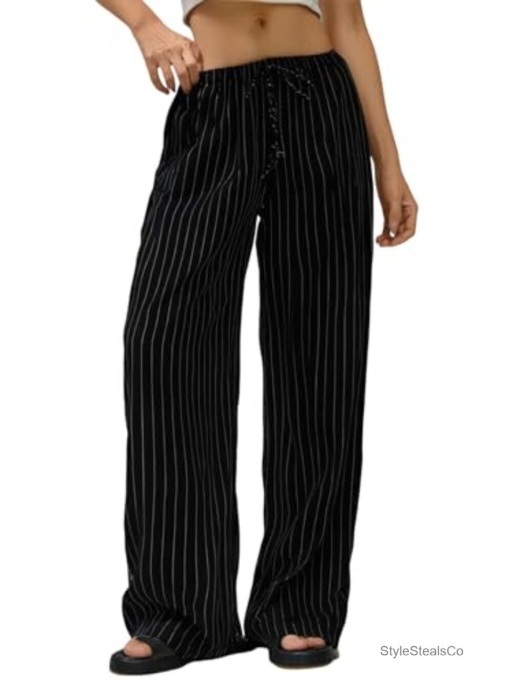 Wide Leg Pinstripe Trousers High Waist Drawstring Lounge Pants Striped Palazzo